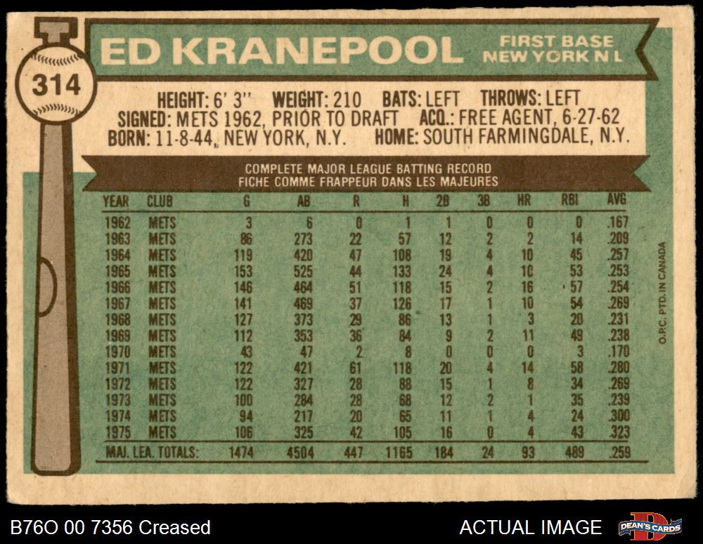 1976 O-Pee-Chee #314 Ed Kranepool Mets 3 - VG