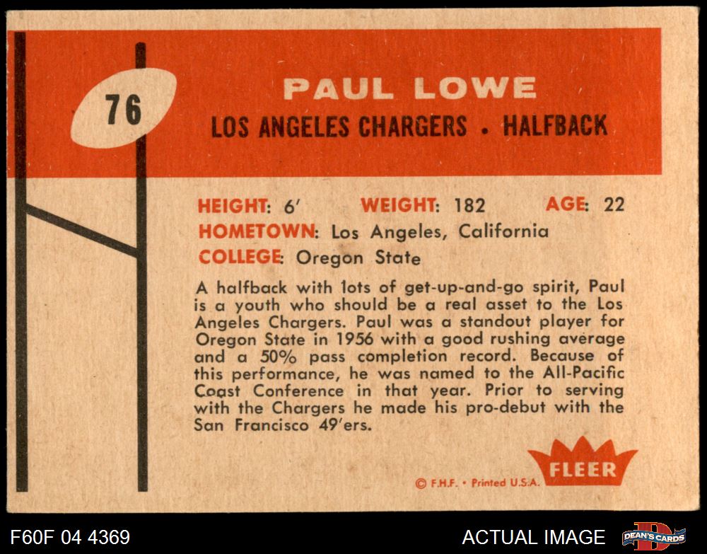 1960 Fleer #76 Paul Lowe Chargers RC 4 - VG/EX - Picture 3 of 5
