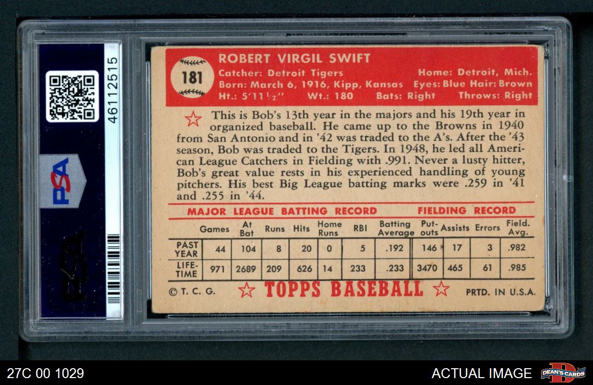1952 Topps #181 Bob Swift Cream Back Tigers PSA 3.5 - VG+ - Picture 3 of 3