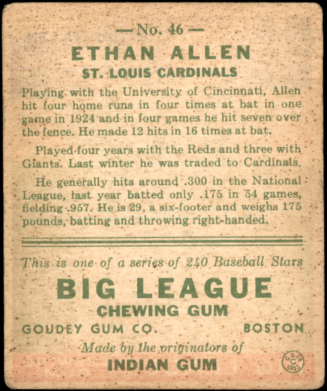 1933 Goudey #46 Ethan Allen Cardinals 1.5 - FAIR - Picture 11 of 17