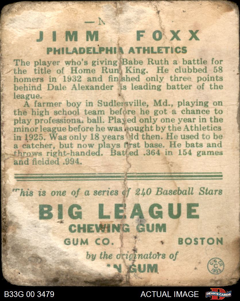 1933 Goudey #154 Jimmie Foxx Athletics HOF MVPw AUTHENTIC - Picture 3 of 5
