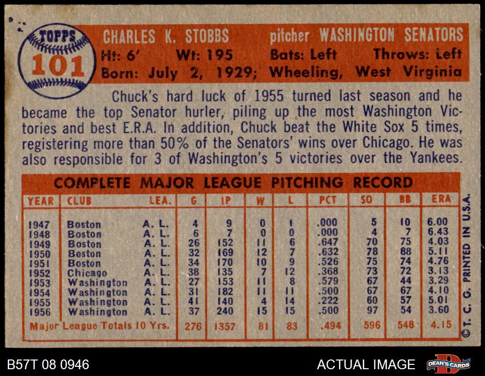 1957 Topps #101 Chuck Stobbs Senators 4 - VG/EX