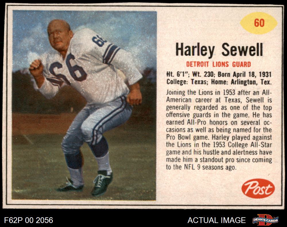 1962 Post Cereal #60 Harley Sewell Lions Texas 6 - EX/MT