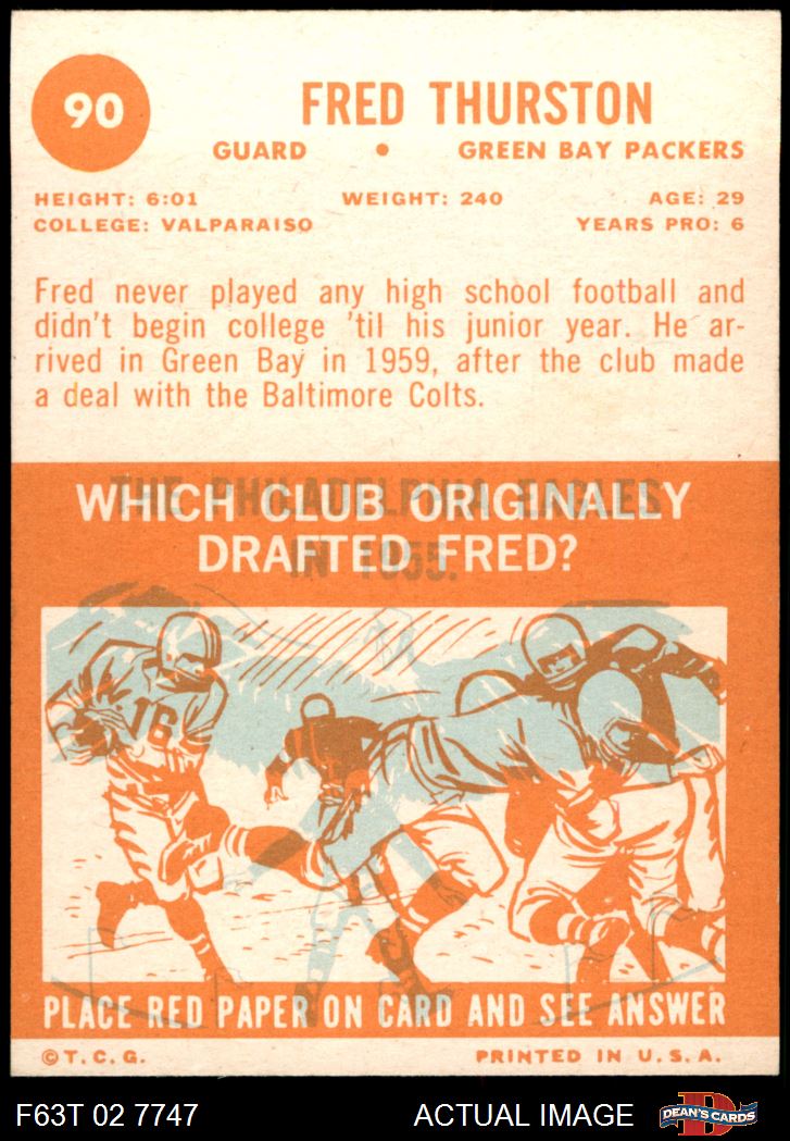 1963 Topps #90 Fred Thurston Packers Valparaiso 7 - NM - Picture 3 of 9