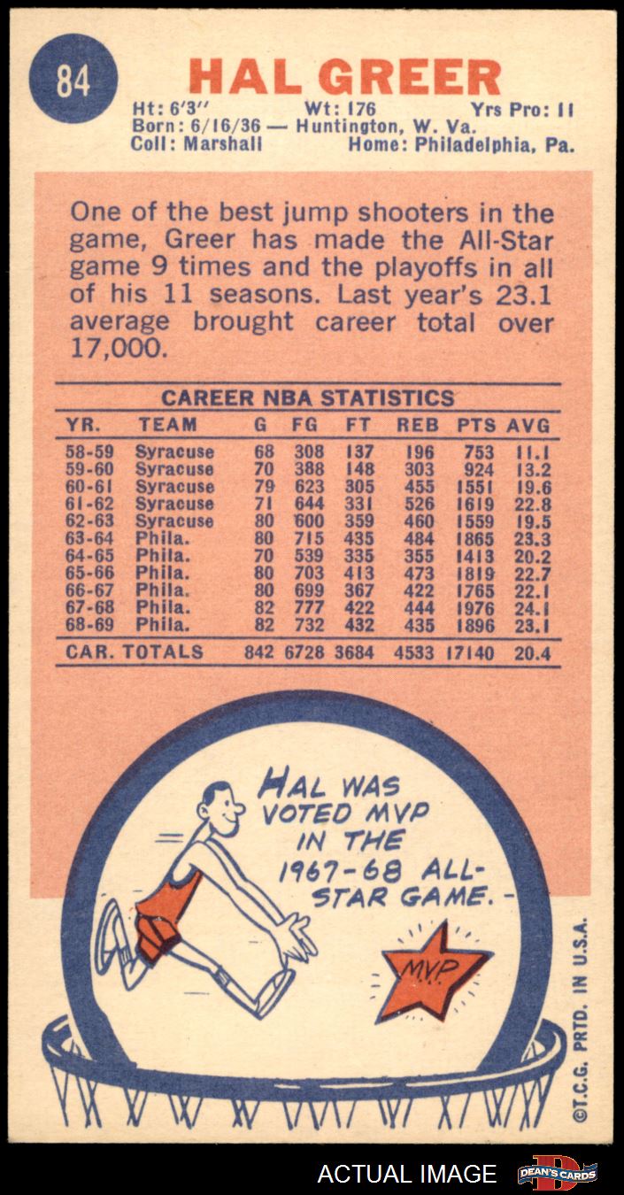 1969 Topps #84 Hal Greer 76ers HOF Marshall  6 - EX/MT