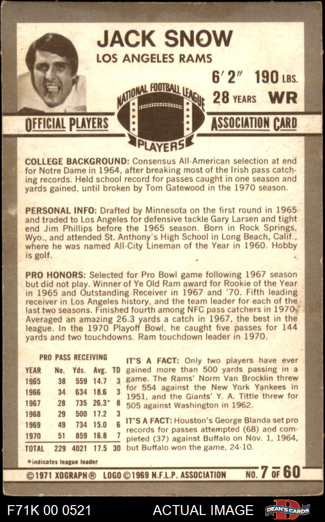 1971 Kellogg's #7 Jack Snow Rams Notre Dame 2 - GOOD - Picture 3 of 5