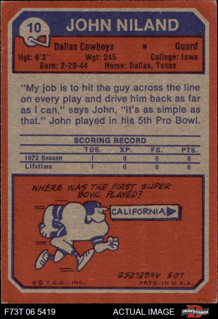 1973 Topps #10 John Niland Cowboys Iowa 5 - EX - Picture 3 of 21
