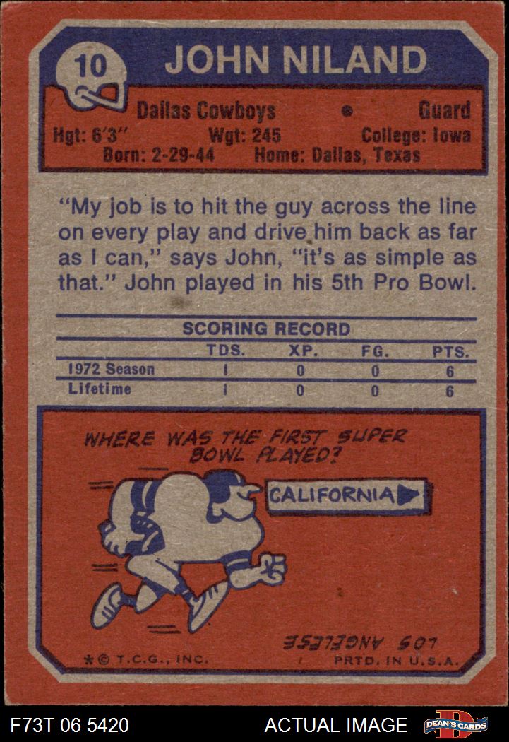 1973 Topps #10 John Niland Cowboys Iowa 5 - EX - Picture 7 of 21