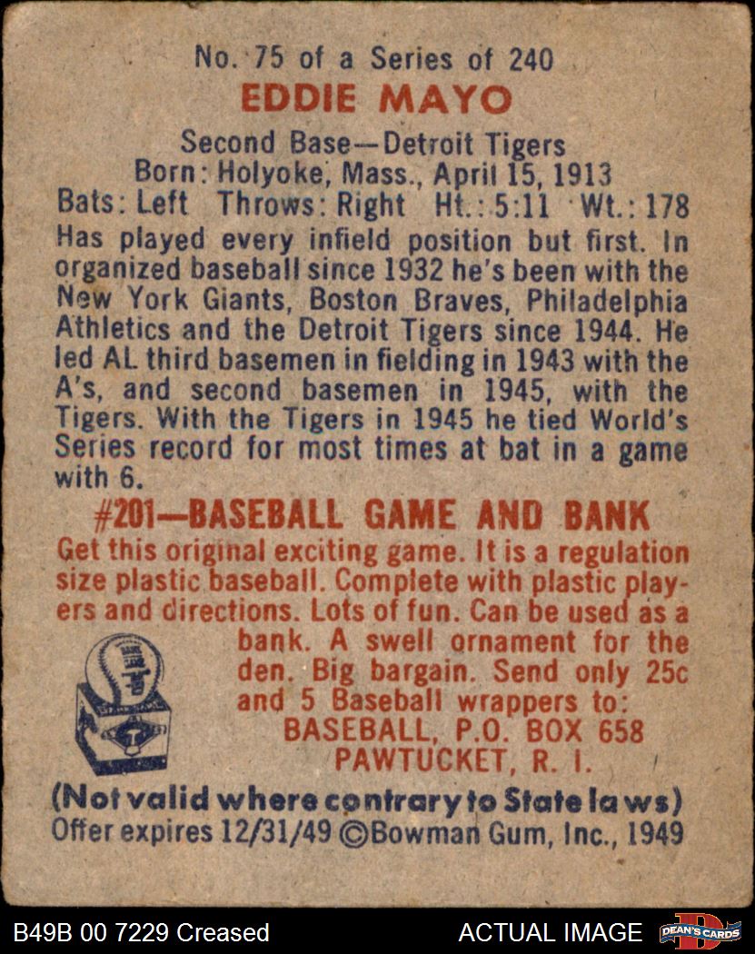1949 Bowman #75 Eddie Mayo Tigers RC 2 - GOOD - Picture 7 of 9