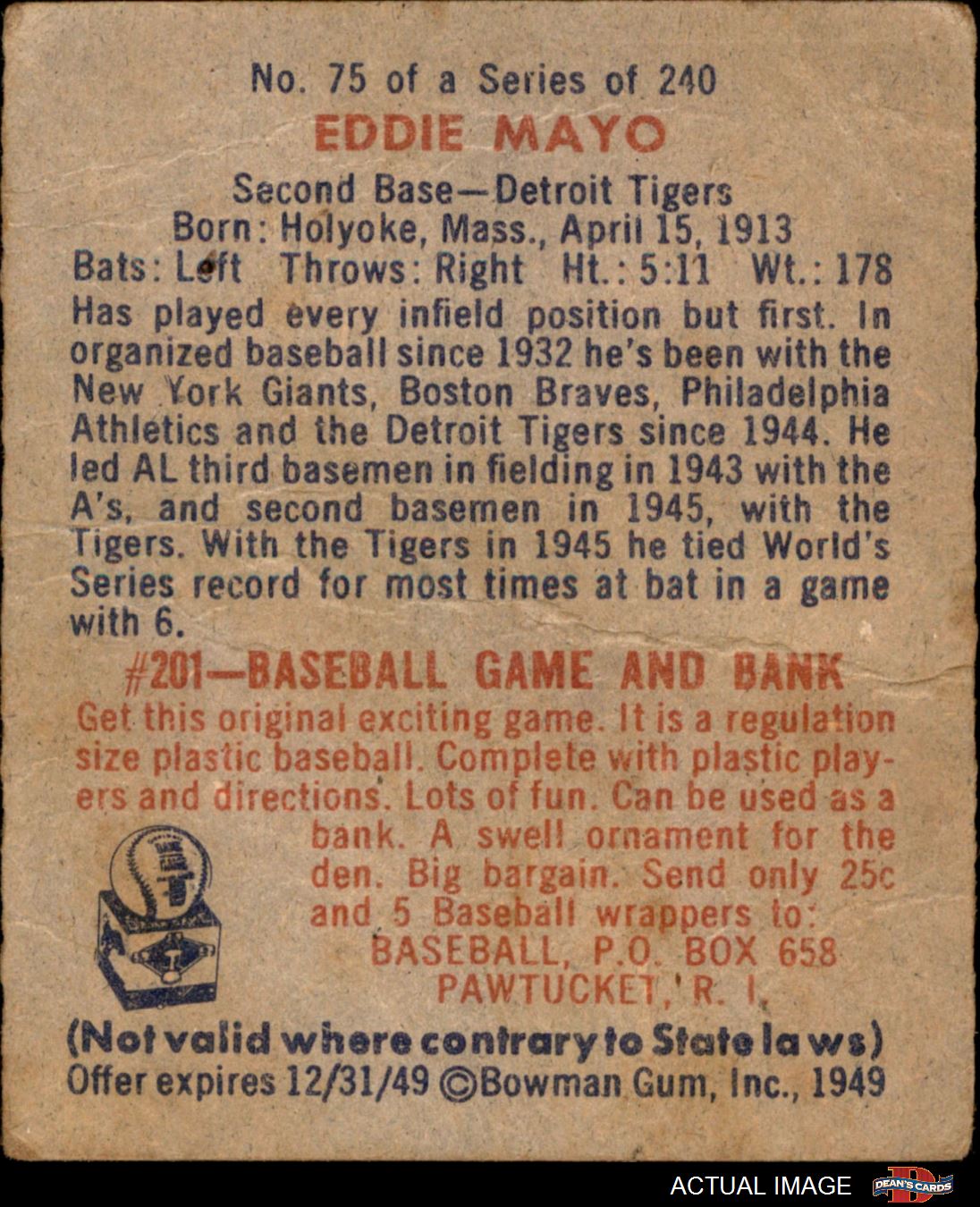 1949 Bowman #75 Eddie Mayo Tigers RC 2 - GOOD - Picture 3 of 9
