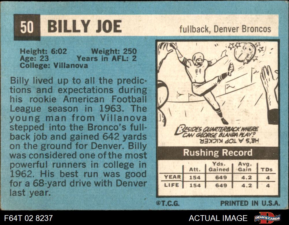 1964 Topps #50 Billy Joe Broncos RC Villanova 1.5 - FAIR