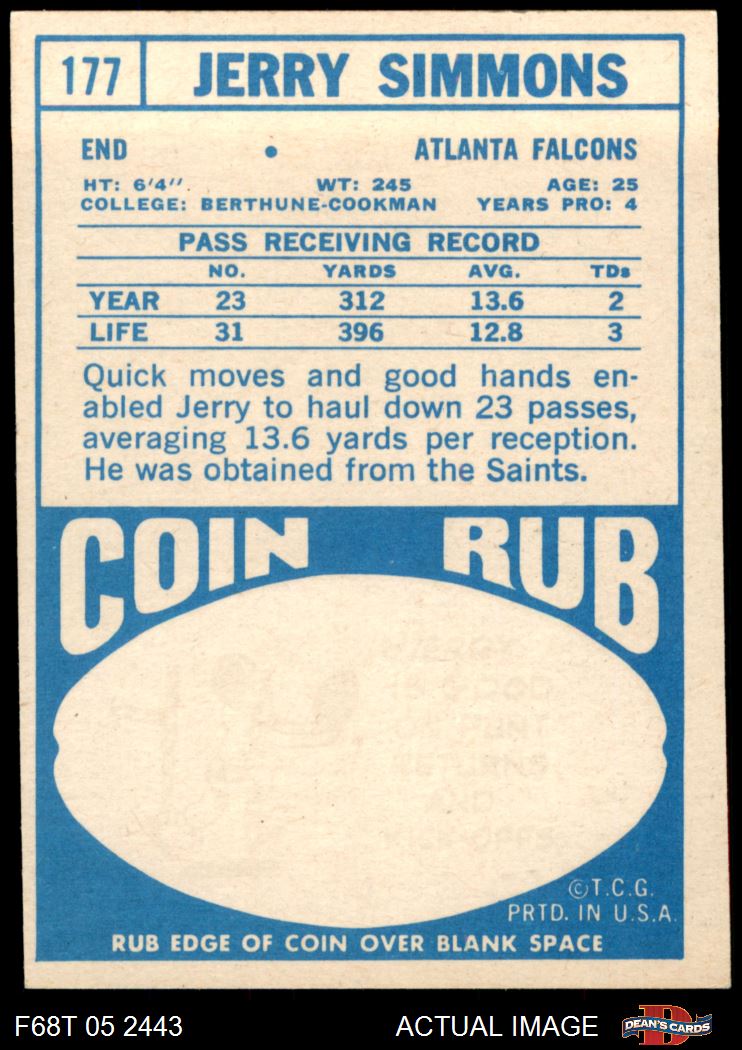 1968 Topps #177 Jerry Simmons Falcons Bethune-Cookman 5 - EX