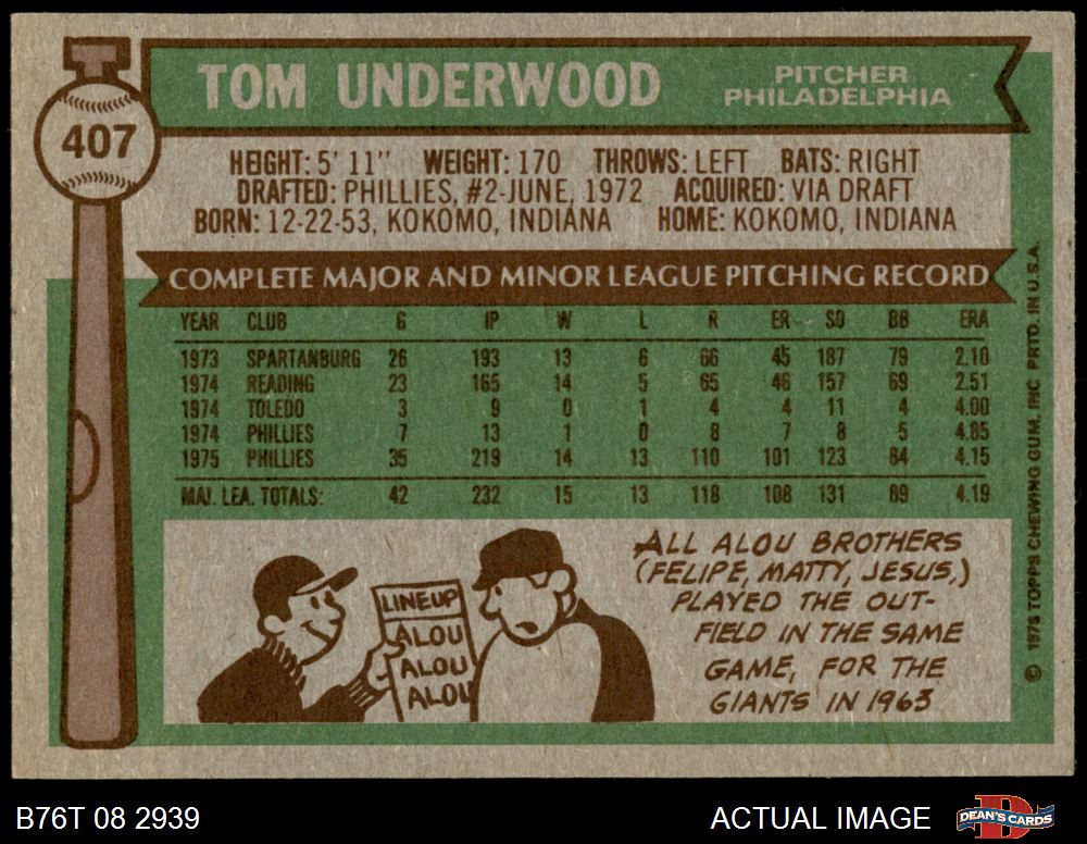 1976 Topps #407 Tom Underwood Phillies ASR 6 - EX/MT