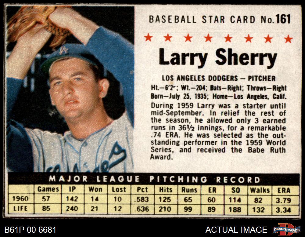 1961 Post Cereal #161 Larry Sherry  Hand Cut Dodgers 5 - EX