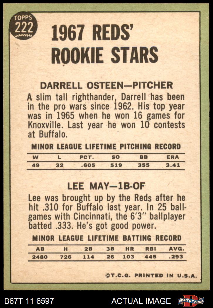 1967 Topps #222 Lee May / Darrell Osteen Reds RCs RC 7.5 - NM+ - Picture 3 of 5