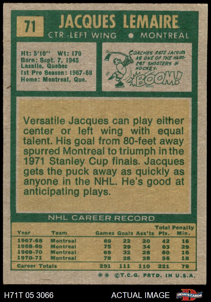 1971 Topps #71 Jacques Lemaire Canadiens HOF 6.5 - EX/MT+ - Picture 3 of 5