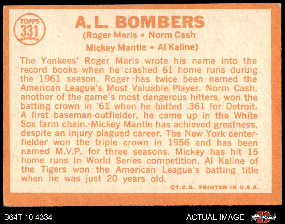 Vintage 1964 Topps #331 A.L. selling Bombers Mickey Mantle~Roger Maris~Al Kaline-N. Cash