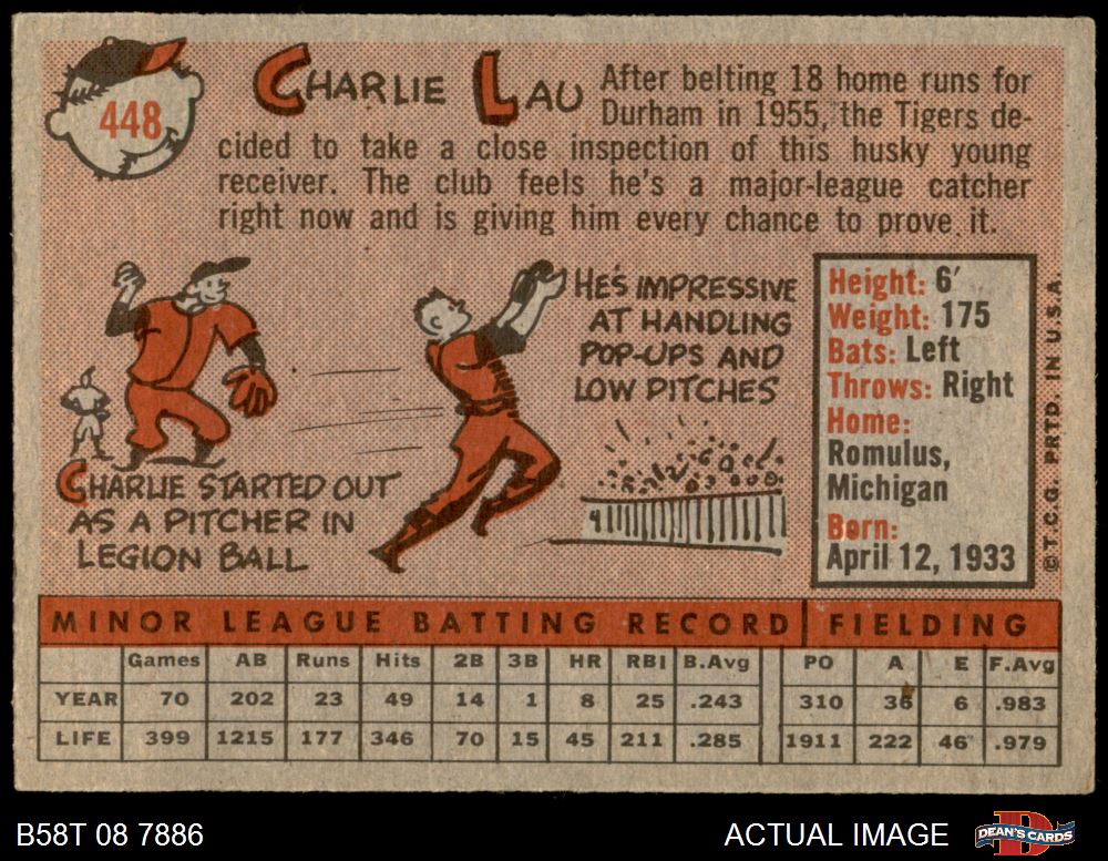 1958 Topps #448 Charlie Lau Tigers RC 5 - EX