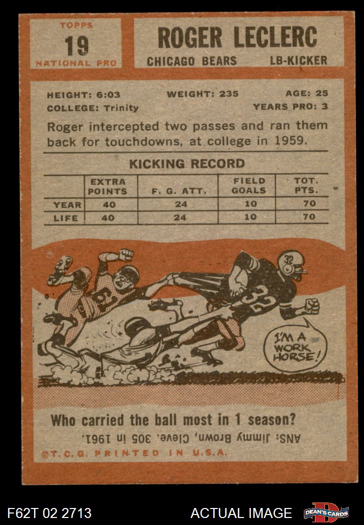 1962 Topps #19 Roger LeClerc Bears Trinity 7 - NM