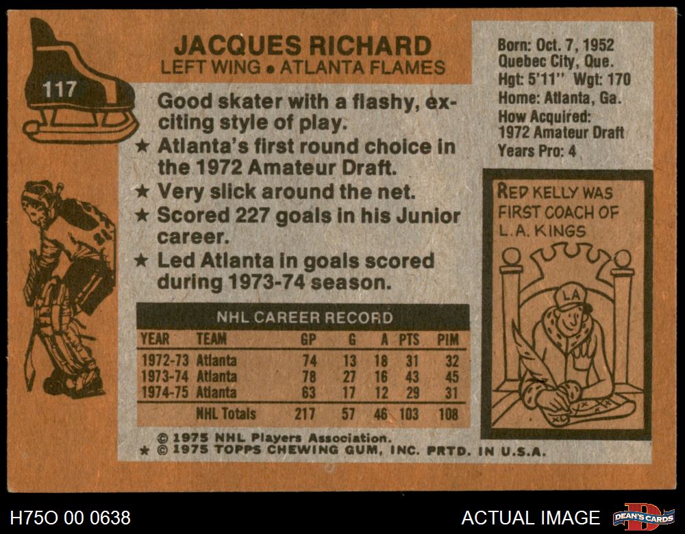 1975 O-Pee-Chee NHL #117 Jacques Richard Flames 5 - EX - Picture 3 of 3