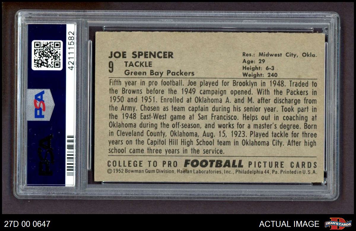 1952 Bowman Large #9 Joe Spencer Packers SHORT-PRINT RC Oklahoma S PSA 4 - VG/EX - Picture 3 of 3