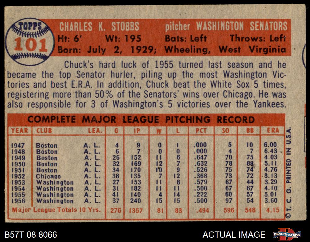 1957 Topps #101 Chuck Stobbs Senators 4 - VG/EX