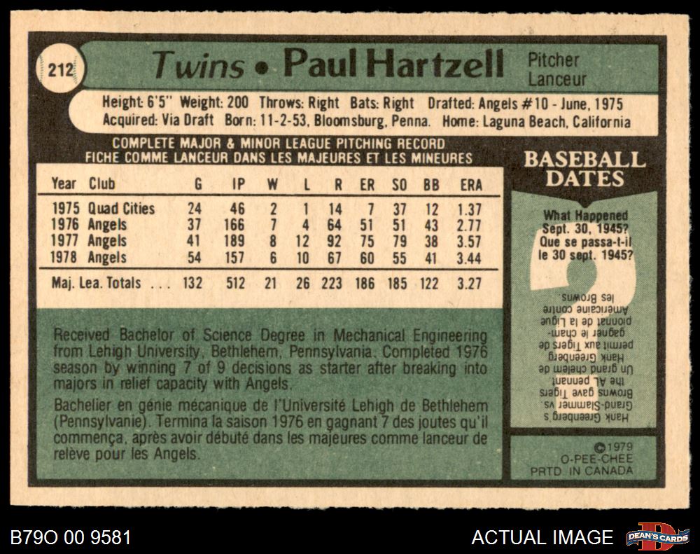 1979 O-Pee-Chee #212 Paul Hartzell  w/ Trade Twins 6 - EX/MT