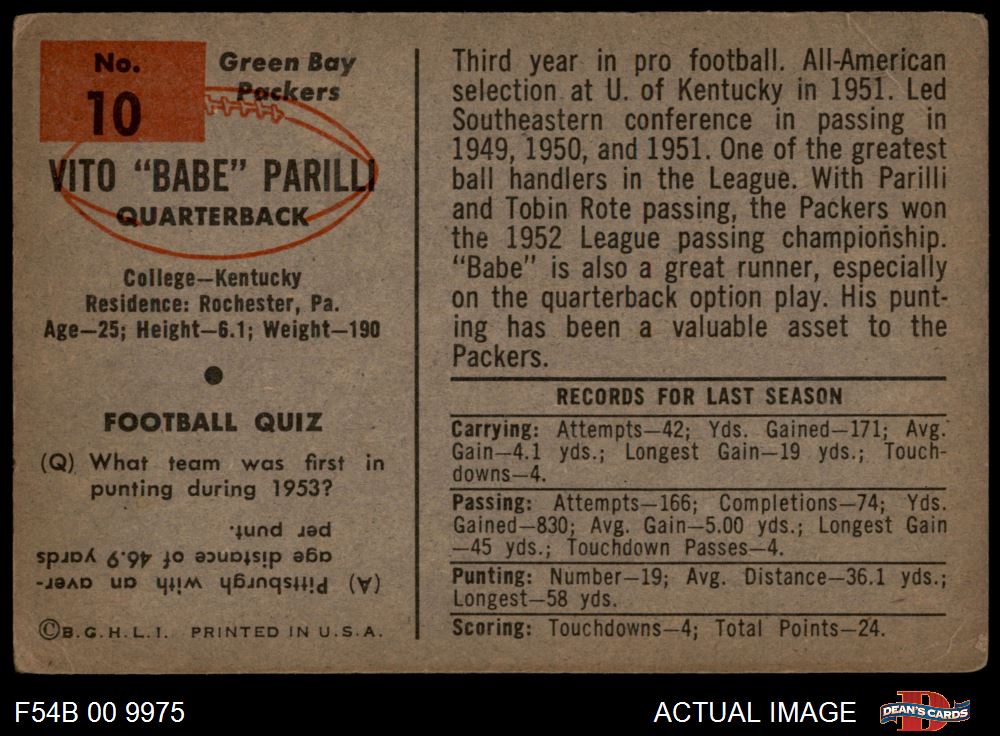 1954 Bowman #10 Babe Parilli Packers Kentucky 2 - GOOD - Picture 7 of 9