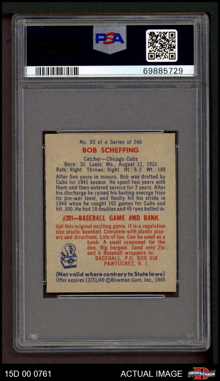 1949 Bowman #83 Bob Scheffing No Name on Front Cubs RC VARIATION PSA 7 - NM - Picture 3 of 3