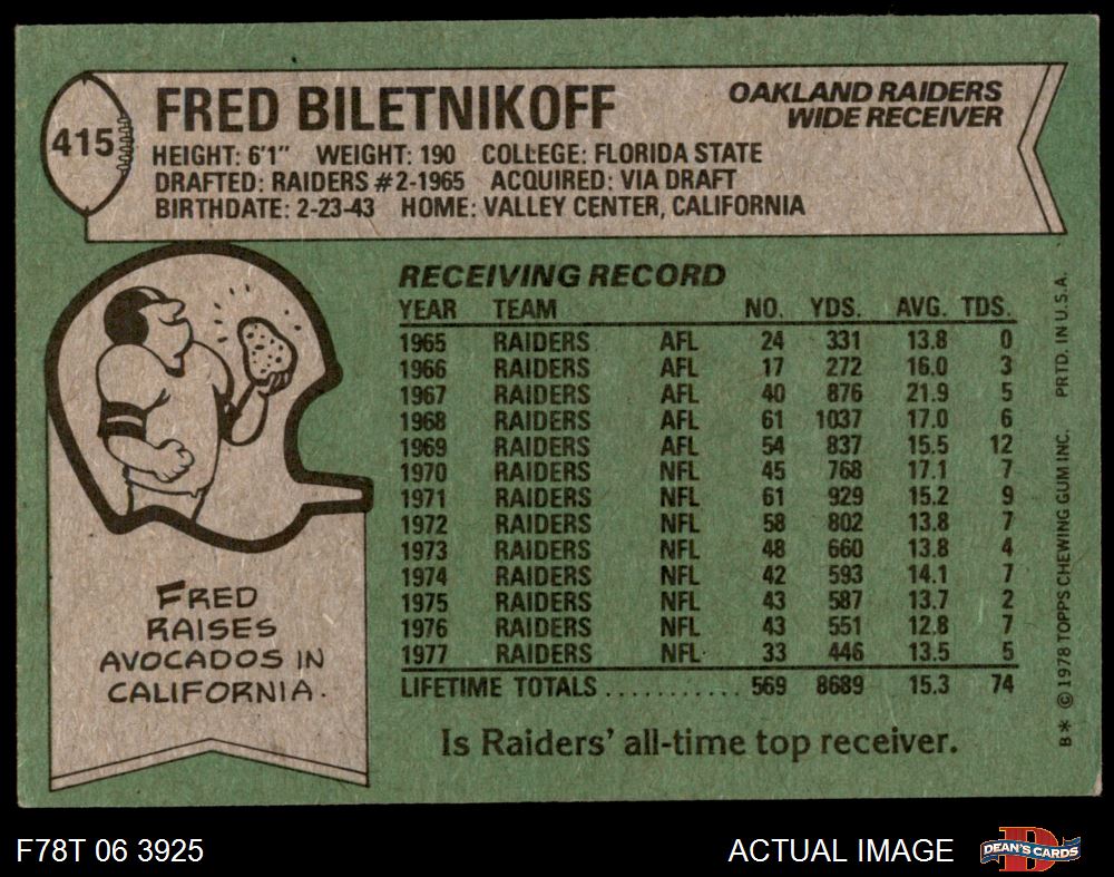 1978 Topps #415 Fred Biletnikoff Raiders HOF Florida St 5 - EX