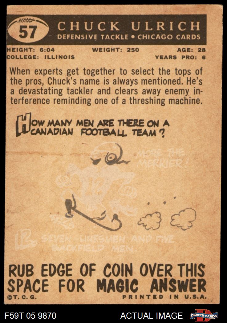 1959 Topps #57 Chuck Ulrich Cardinals-FB Illinois 1.5 - FAIR - Picture 3 of 9