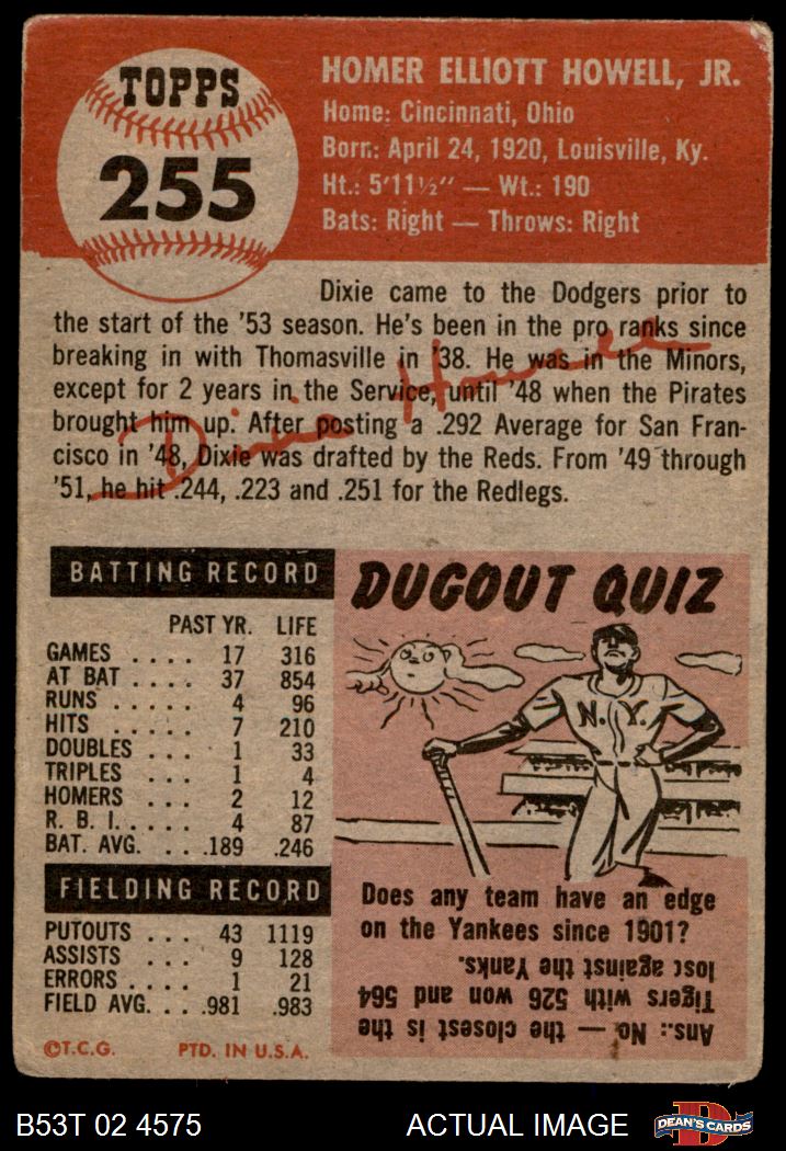 1953 Topps #255 Dixie Howell Dodgers 2 - GOOD - Picture 3 of 9