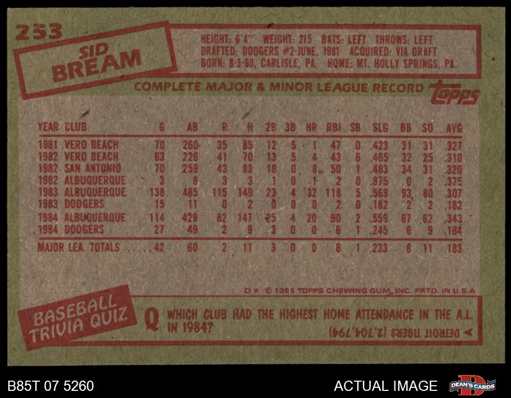 1985 Topps #253 Sid Bream Dodgers RC 8 - NM/MT