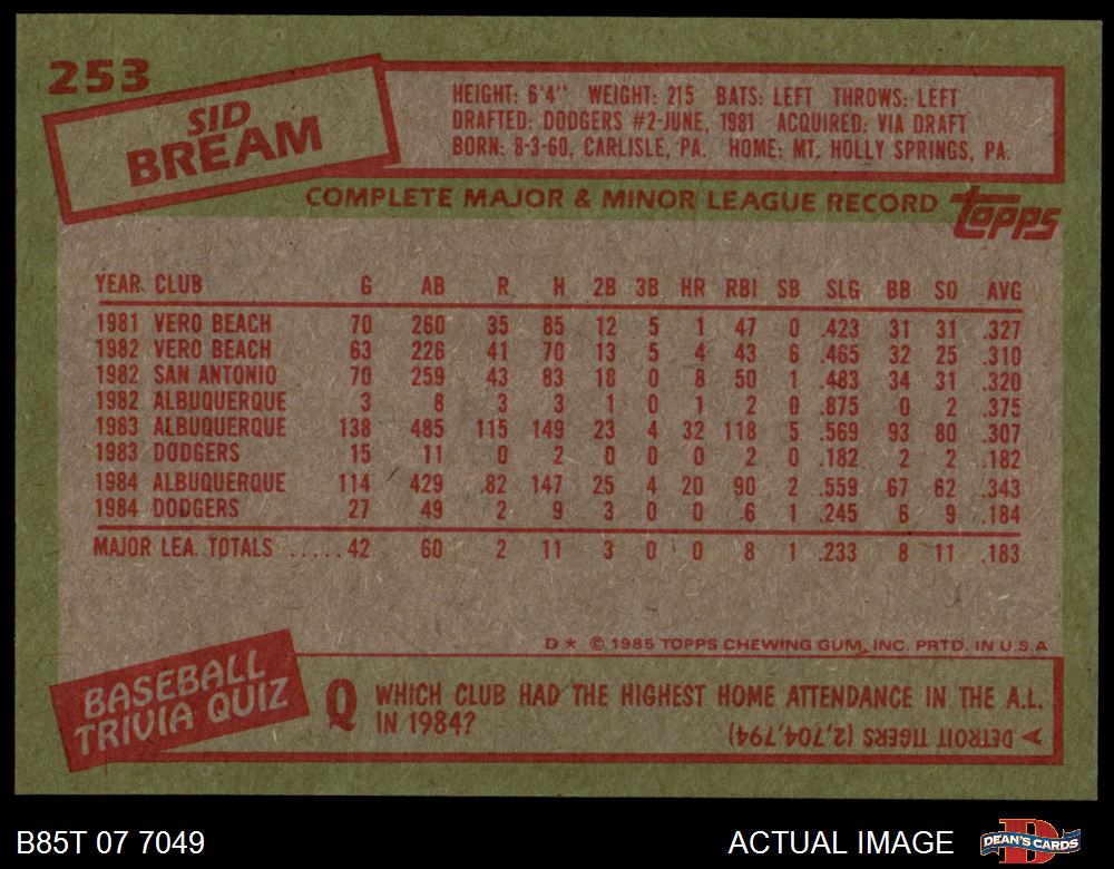 1985 Topps #253 Sid Bream Dodgers RC 8 - NM/MT