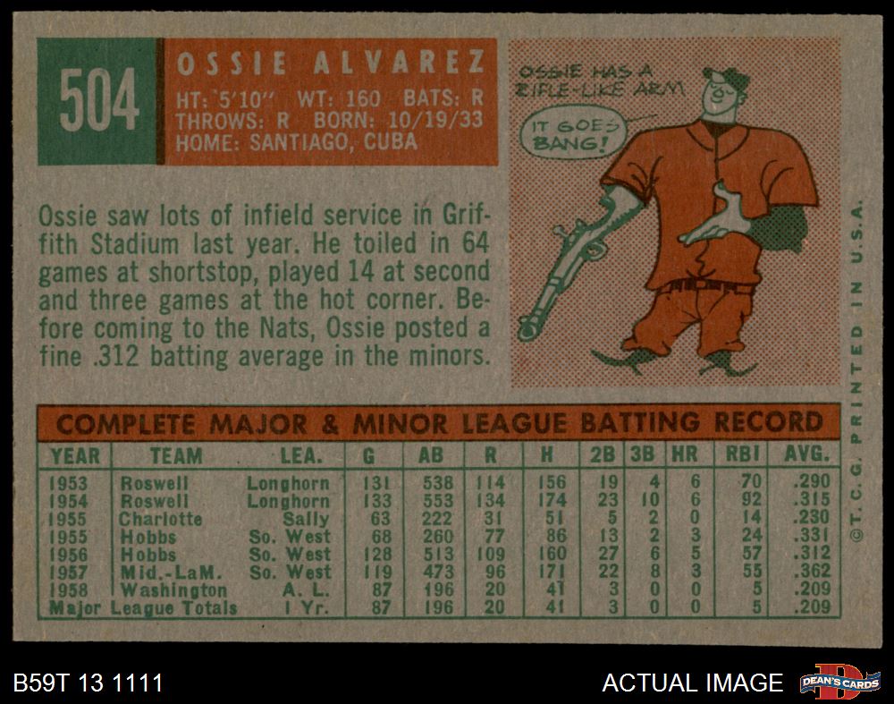 1959 Topps #504 Ossie Alvarez Tigers RC 6 - EX/MT