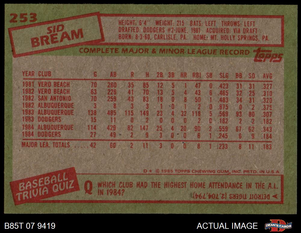 1985 Topps #253 Sid Bream Dodgers RC 8 - NM/MT