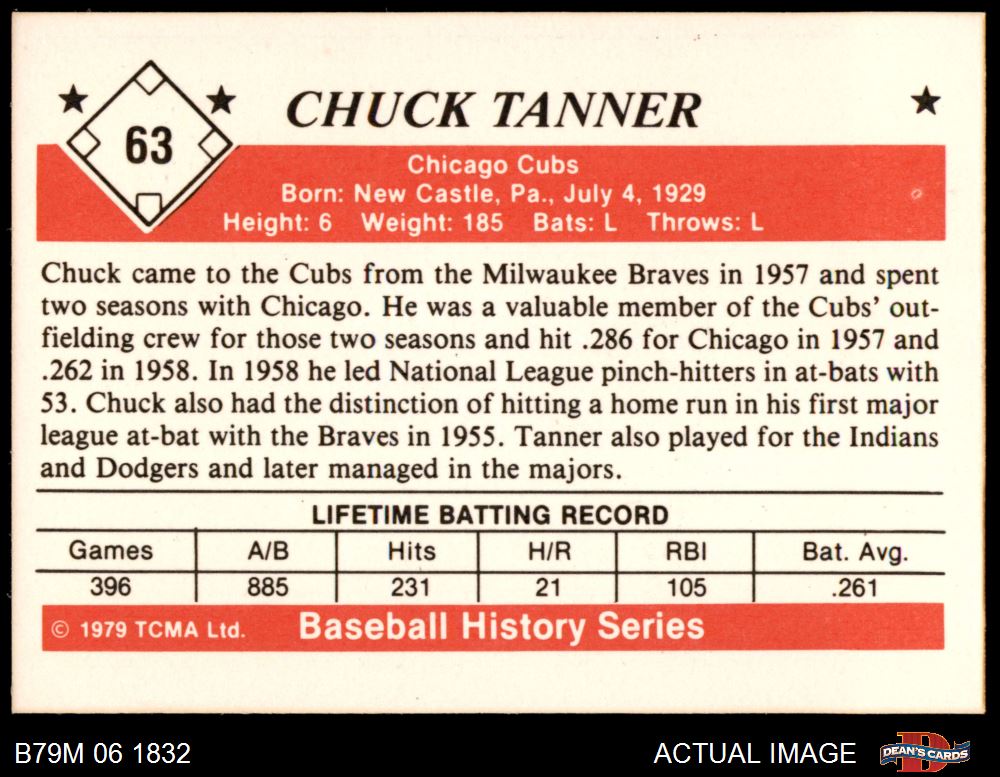 1979 TCMA The 1950s #63 Chuck Tanner ventes exceptionnelles Cubs 7 - NM