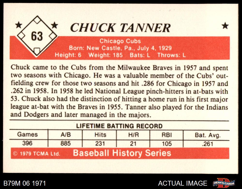 1979 TCMA The 1950s #63 Chuck Tanner ventes exceptionnelles Cubs 7 - NM