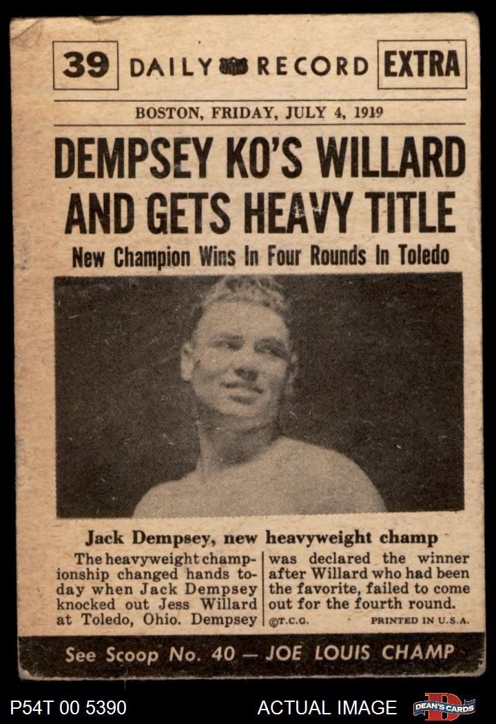 1954 Topps Scoop #39 Jack Dempsey Defeats Willard xCOA Boxing 1 - POOR - Picture 3 of 5
