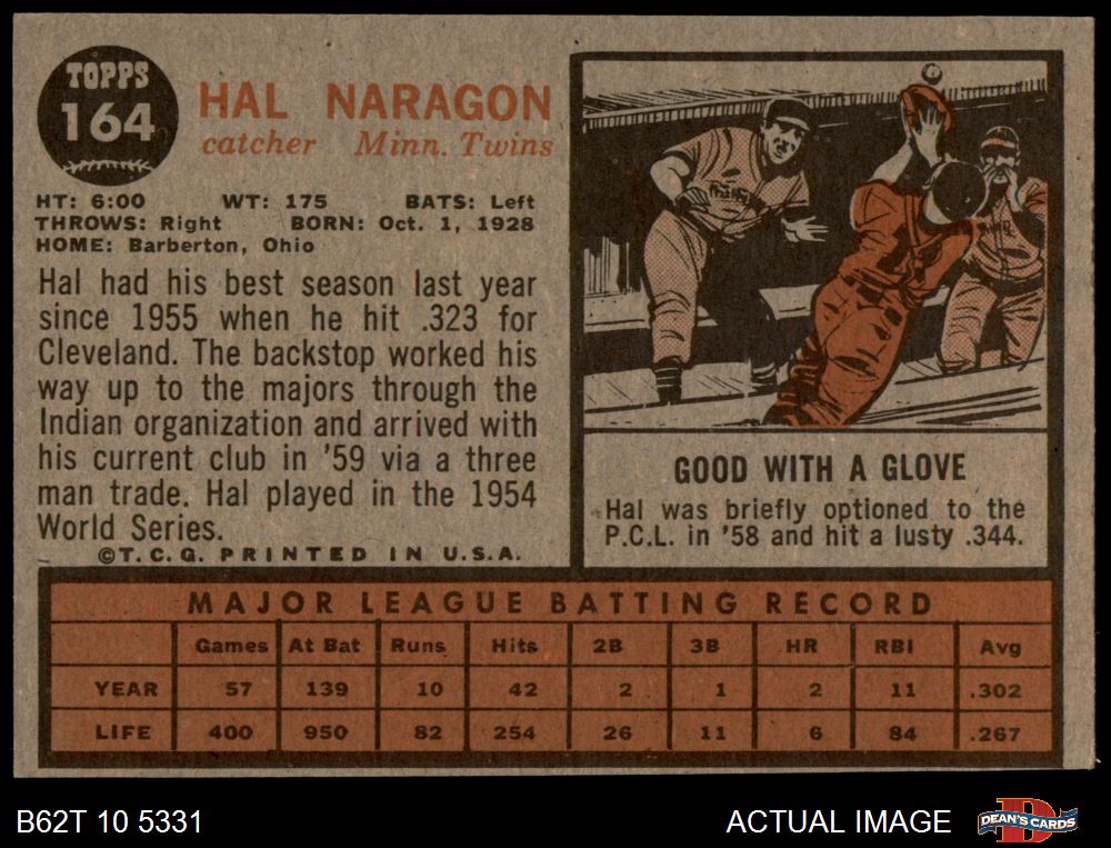 1962 Topps #164 Hal Naragon Green Tint Twins RARE VARIATION 5 - EX