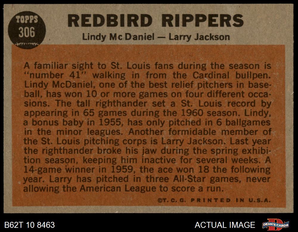 1962 Topps #306 Lindy McDaniel Redbird Rippers Cardinals 4 - VG/EX