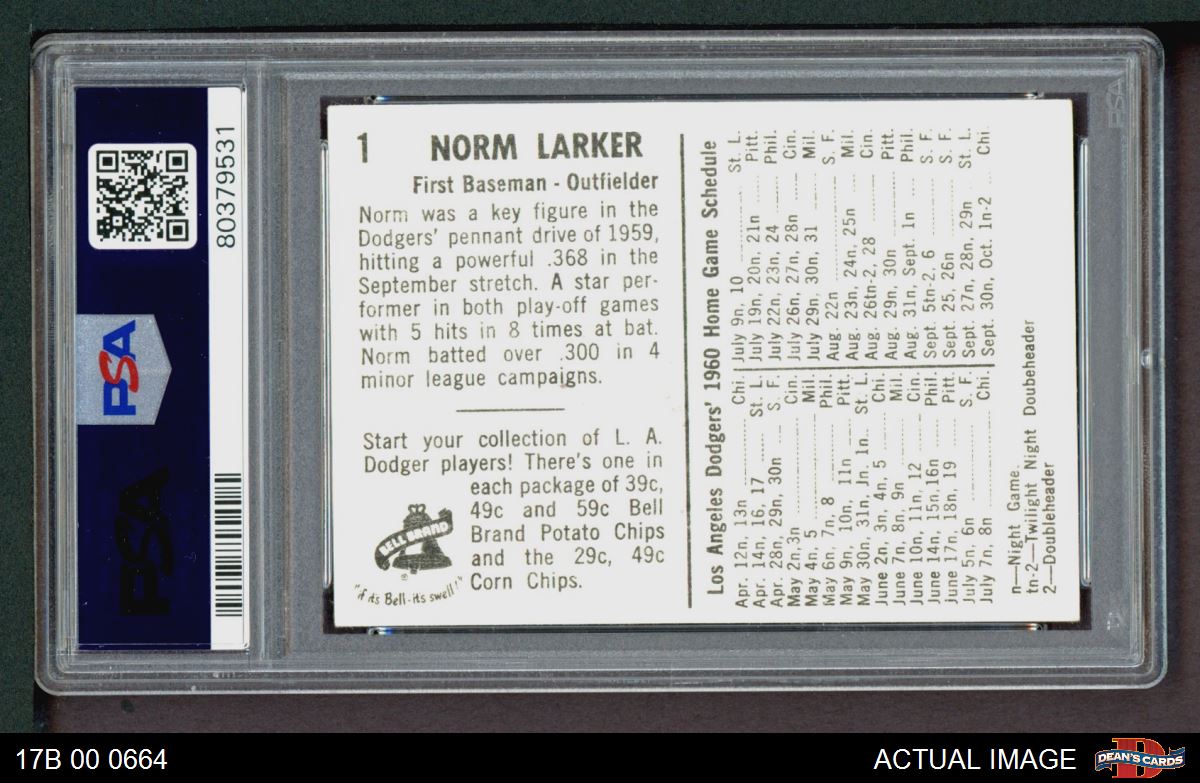 1960 Bell Brand Dodgers #1 Norm Larker PSA 5 - EX - Picture 3 of 3
