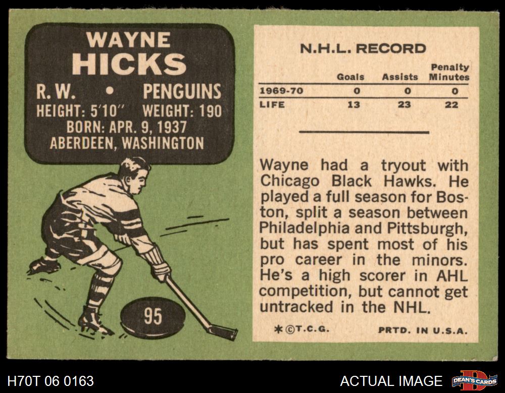 1970 Topps #95 Wayne Hicks Penguins 4 - VG/EX