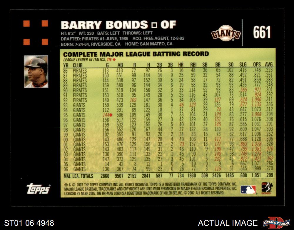 2007 Topps #661 Barry Bonds Giants 8 - NM/MT