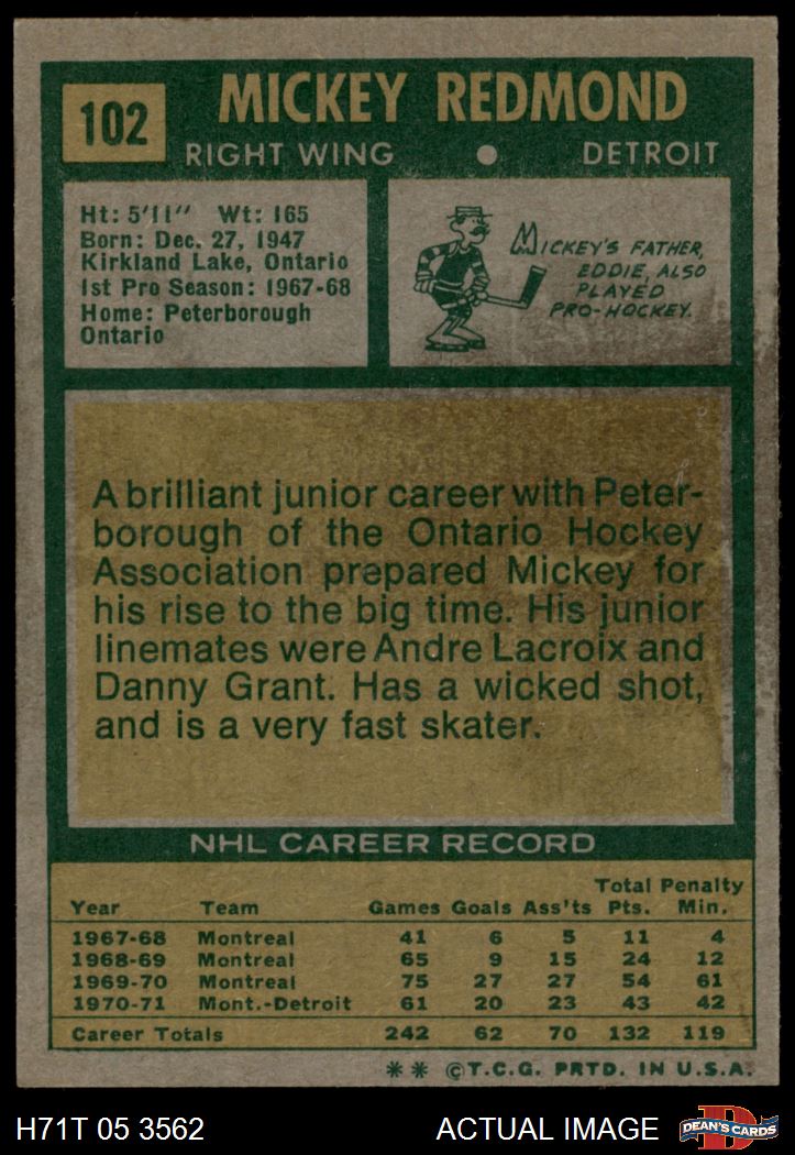 1971 Topps #102 Mickey Redmond Red Wings RC 5 - EX