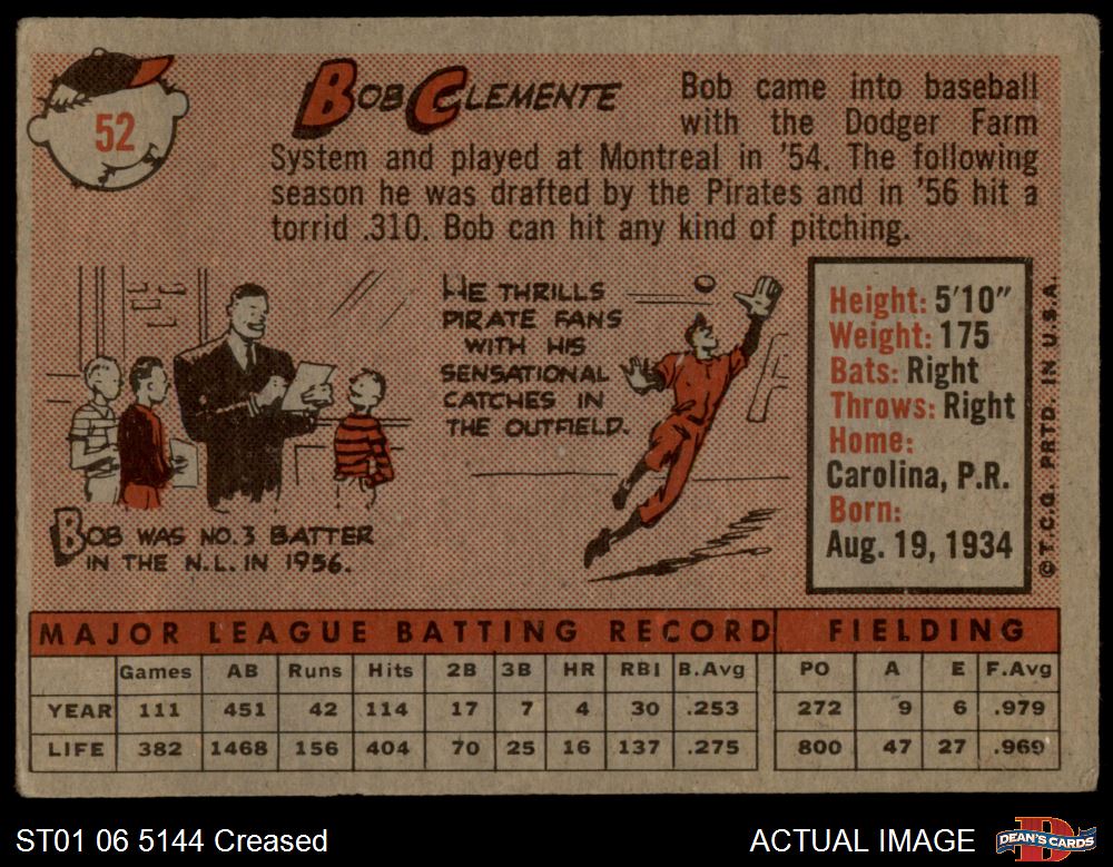 1958 Topps #52 Roberto Clemente White Team Pirates HOF COMMON VARIATION 2 - GOOD - Picture 7 of 13