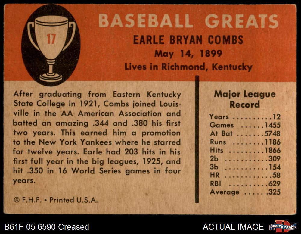 1961 Fleer #17 Earl Coombs Combs Yankees HOF 2 - GOOD - Picture 3 of 9