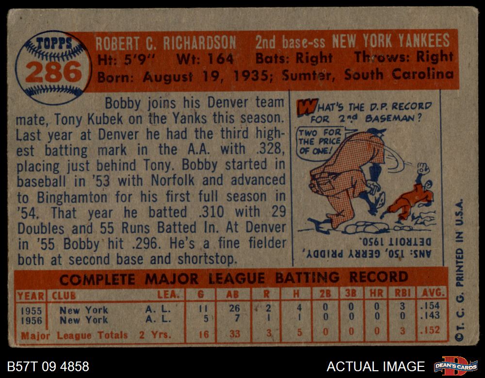 1957 Topps #286 Bobby Richardson Yankees RC 2 - GOOD - Picture 3 of 5