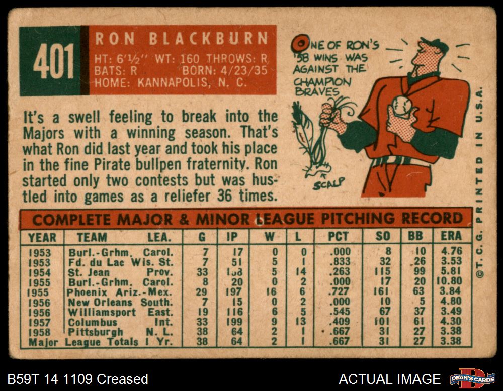 1959 Topps #401 Ron Blackburn Pirates 1 - POOR