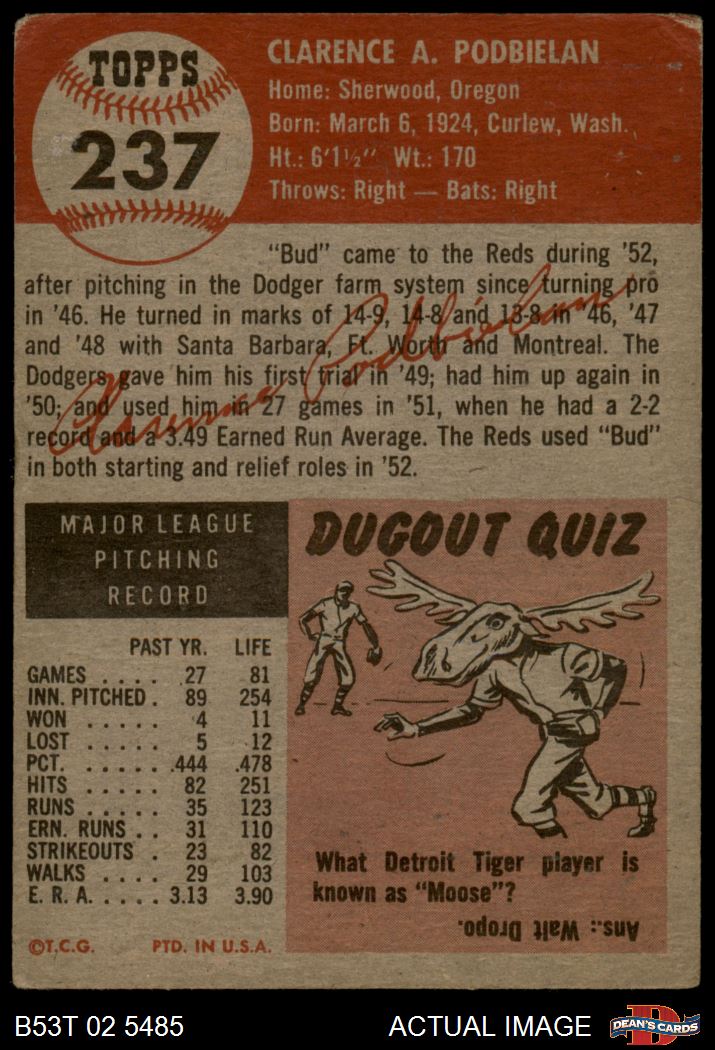 1953 Topps #237 Bud Podbielan Reds DOUBLE-PRINT 3 - VG - Picture 7 of 9